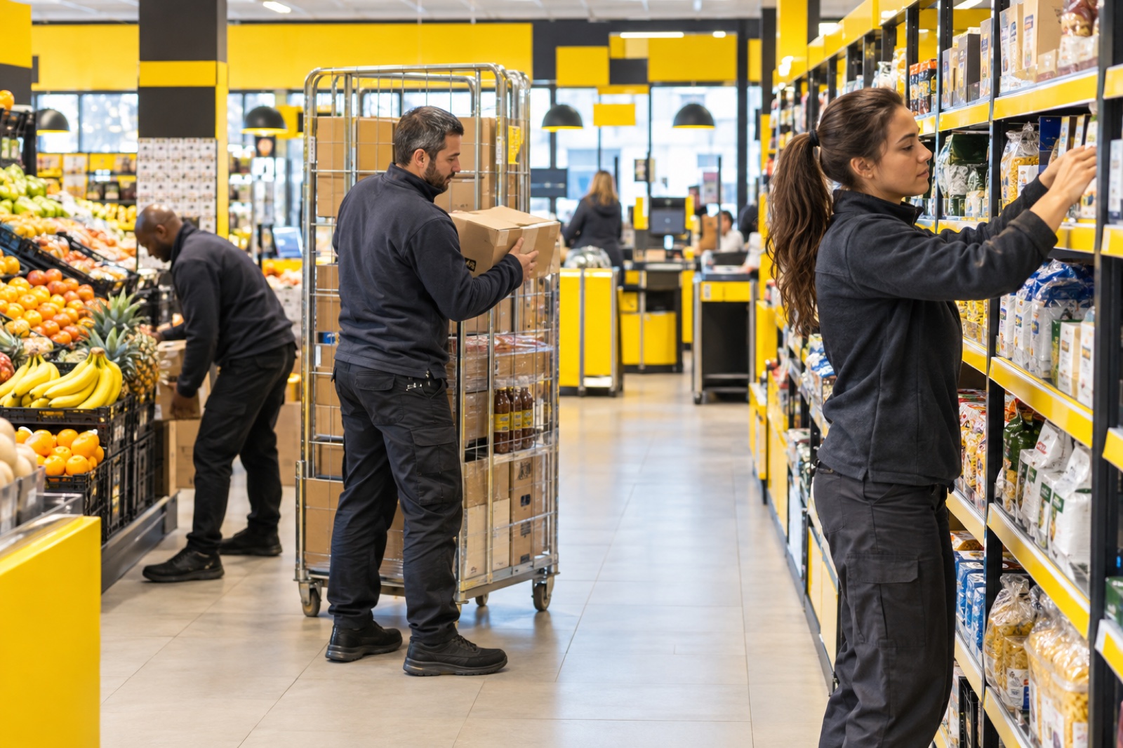 Vulteam werkt in een geel-zwarte supermarkt zonder merkaanduidingen