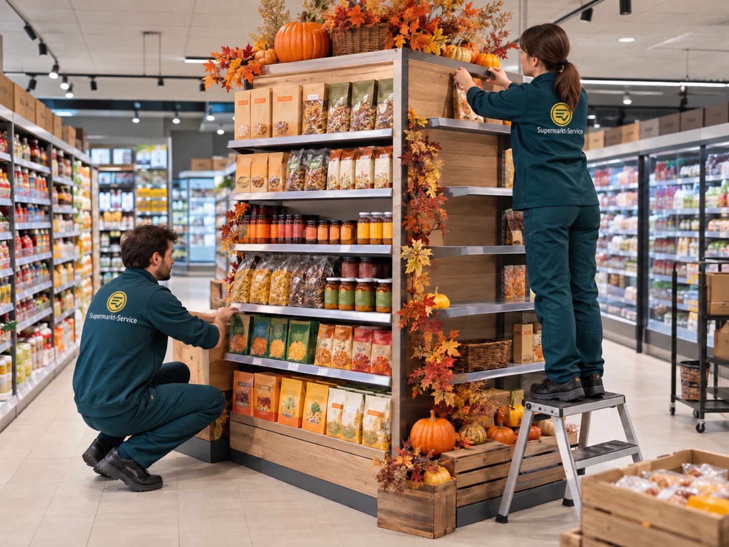 Supermarkt-Service medewerker verzorgt een winkelpresentatie